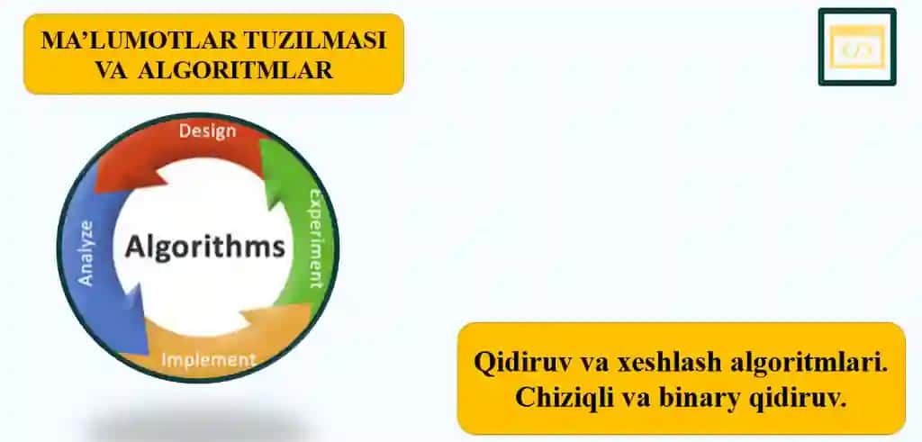 Qidiruv va xeshlash algoritmlari. Chiziqli va binary qidiruv