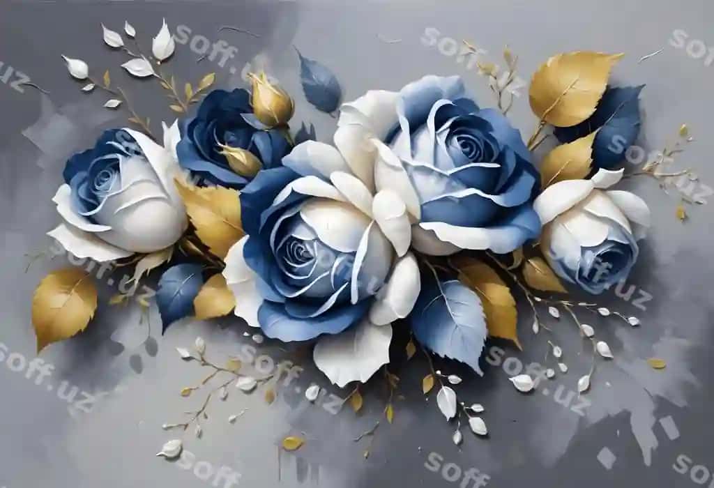 Buket ko'k atirgul o'ttiz barglar bilan o'ttiz barglar | Bouquet blue roses with gold leaves gold leaves 2
