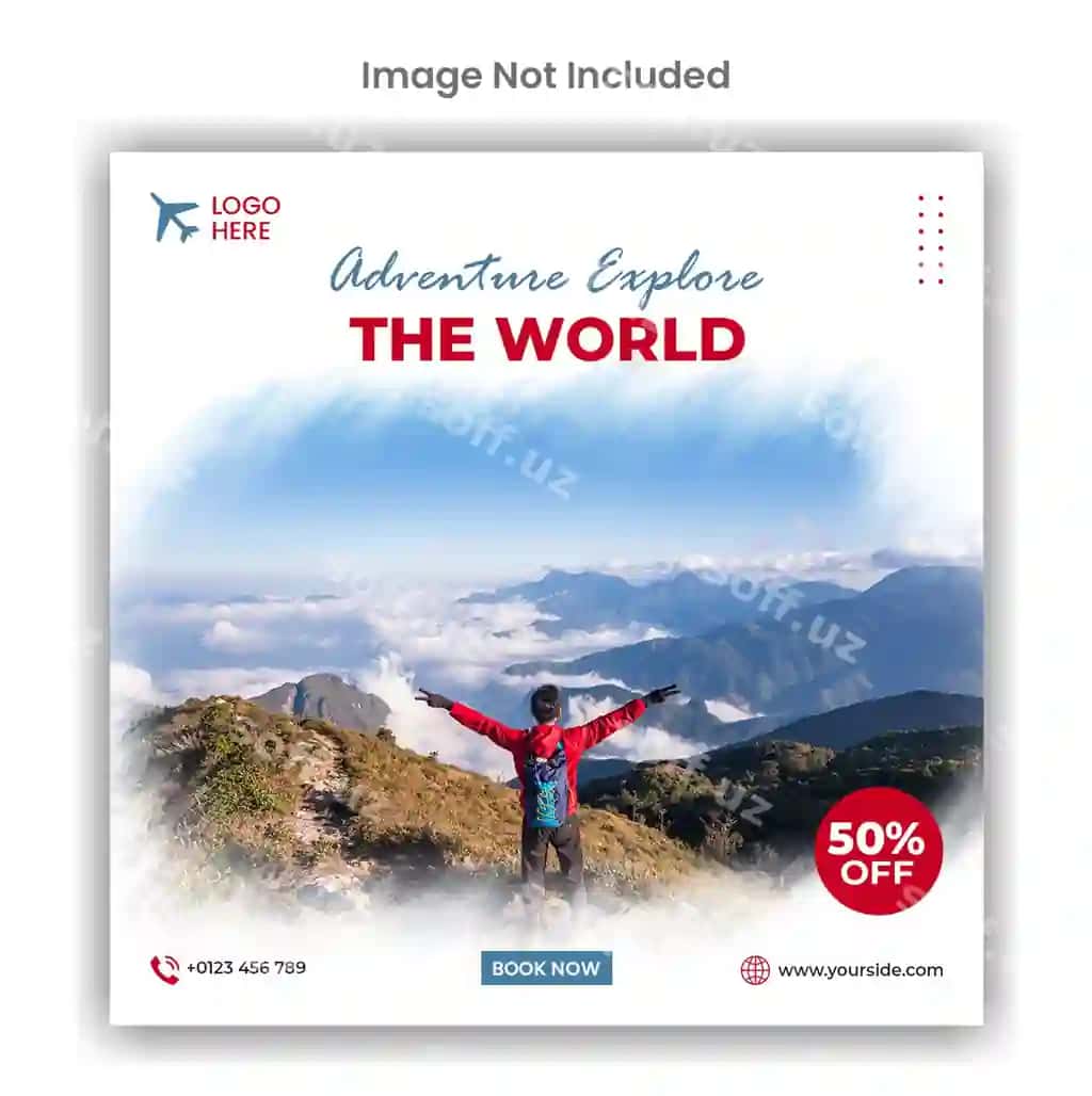 Macera kashf qilish dunyo sayohat agentligi ijtimoiy media post shabloni | Adventure explore world travel agency social media post template