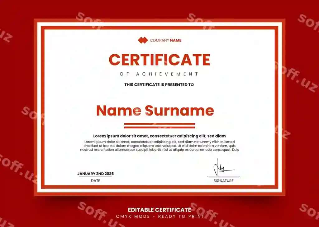 Zamonaviy qizil chegara sertifikat dizayni shabloni | Modern red border certificate design template 2