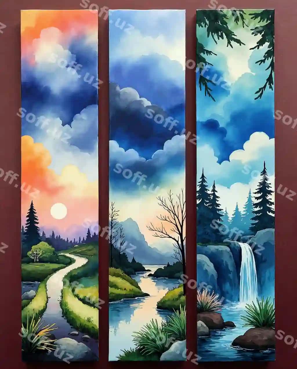 Triptikh manzarali hovli rasmlari kun, chillik, sho'r kuchi | Triptych scenic landscape paintings day dusk waterfall