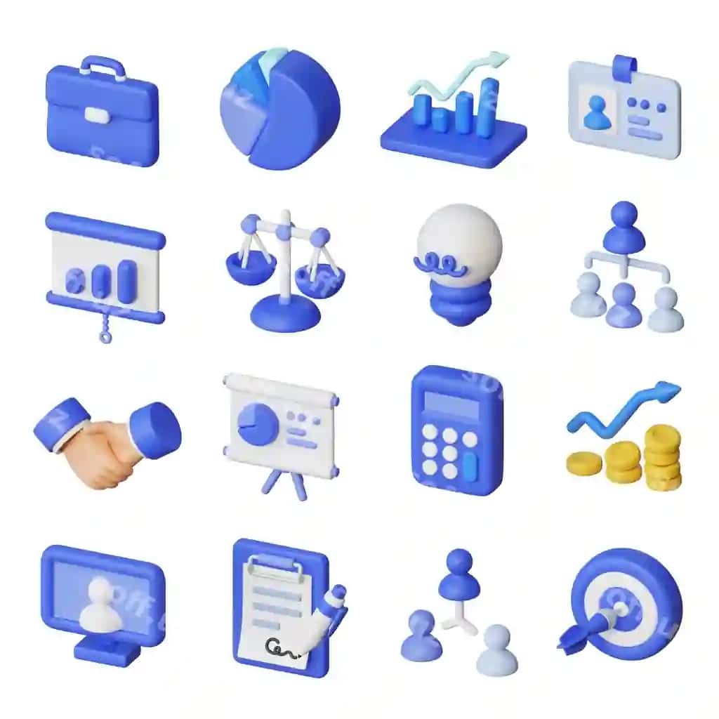 Biznes 3d ikonlar to'plami oddiy ko'k karyatura uslubi | Business 3d icon set simple blue cartoon style