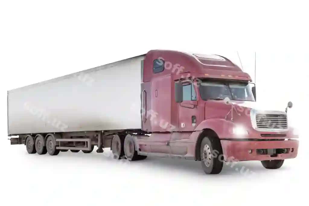 Qizil uzoq masofa bosh yuk avtomobili yarıma treyl bilan ajralgan | Red long distance bonnet truck with semitrailer isolated