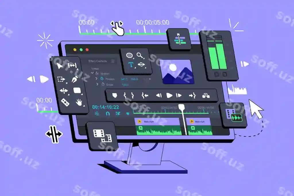 Video muharriri dasturi kompyuterda videoni tahrirlash uchun mo'ljallangan dastur sifatida namoyish etiladi | Video editor program is displayed computer application editing video
