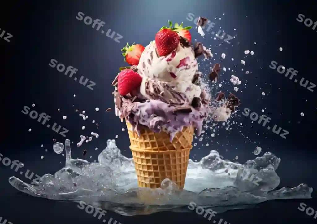 Fantastik kompositsiya havoning o'rtasida suzuvchi soklali mroženyya, atrofida suzuvchi narsalar | Surrealistic composition ice cream cone floating midair surrounded by floating