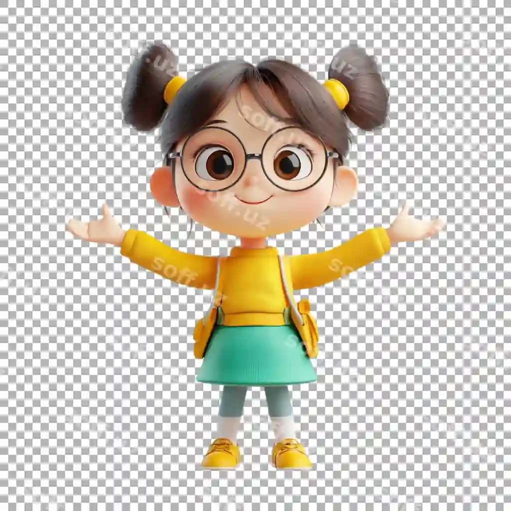 Png baxtli karikatura qiz tirmonda turgan shaffof fonda AI tomonidan yaratilgan | Png happy cartoon girl standing transparent background ai generated