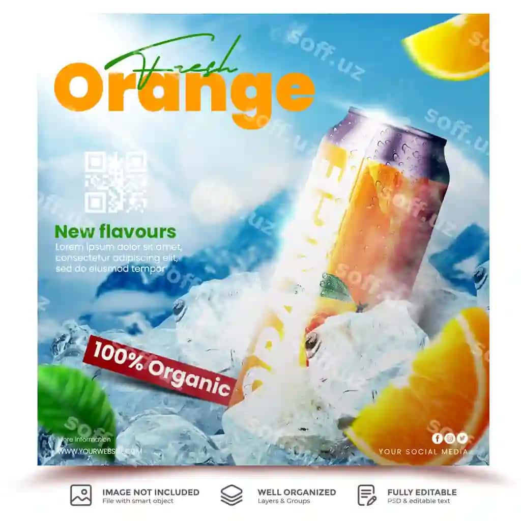 Organik apelsin sharbatini reklama qilish shablonining ijtimoiy media banner flayeri | Organic orange juice promotion template social media banner flyer
