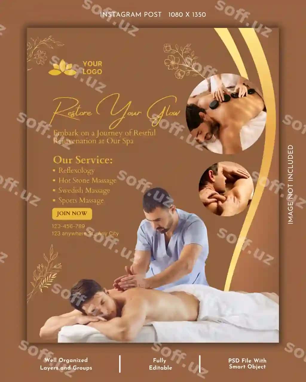 Masaj spa ijtimoiy media Instagram posti dizayn shabloni | Massage spa social media instagram post design template