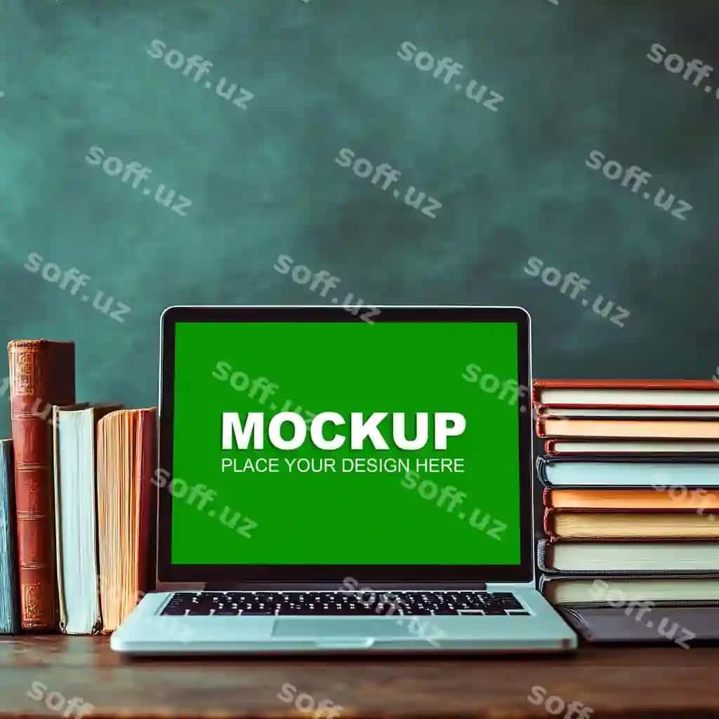 Noutbuk modeli ish stoli bilan kitoblar lampasi | Laptop mockup desk with books lamp