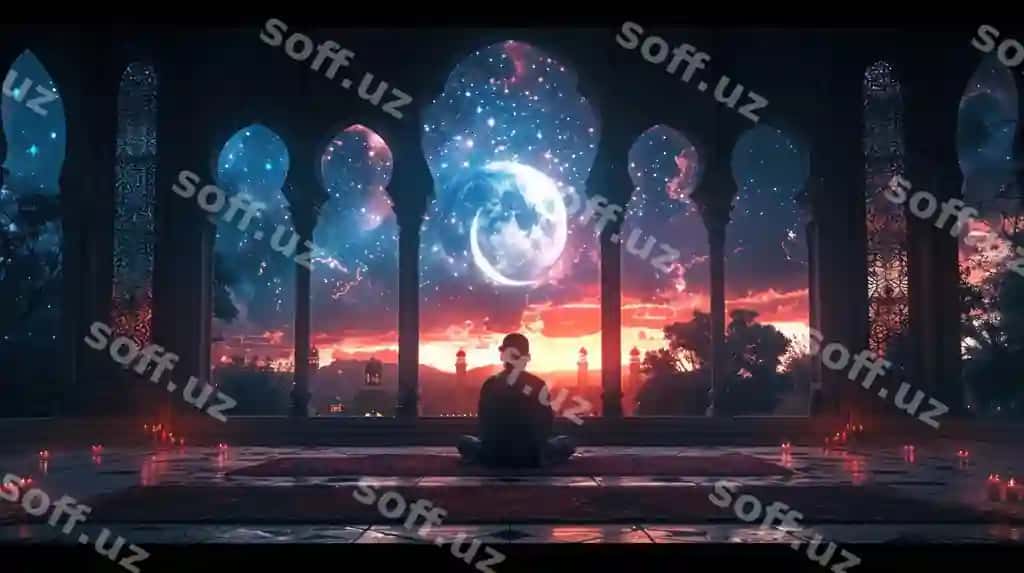 Man Ramazonda masjidda namoz o'qiyman, ajoyib ko'k uzraqka qarayman. | Man prays mosque looking magical sky ramadan