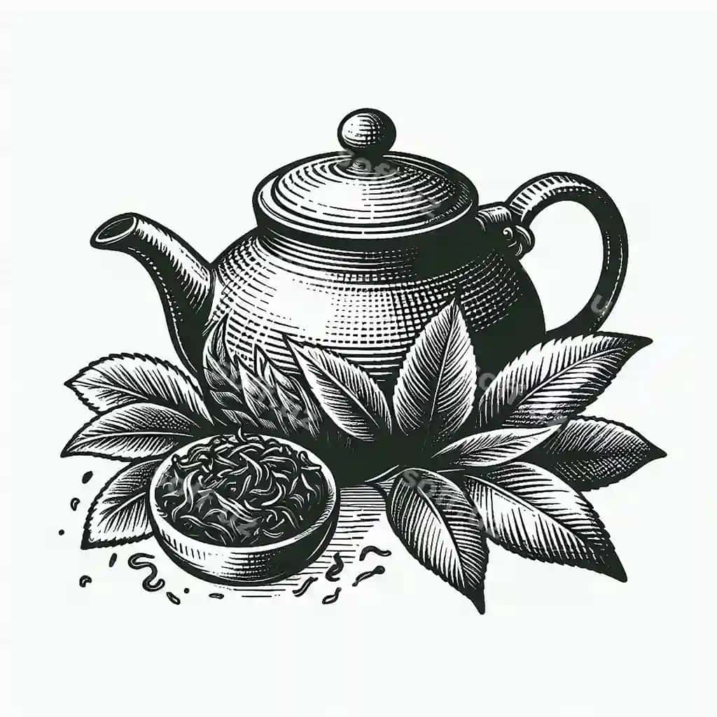 Choy qozoni choy yaproqlari ikonka chizigi uslubidagi choy marosimlari qadoqlashi | Teapot with tea leaves icon sketch style tea ceremonies packaging 2