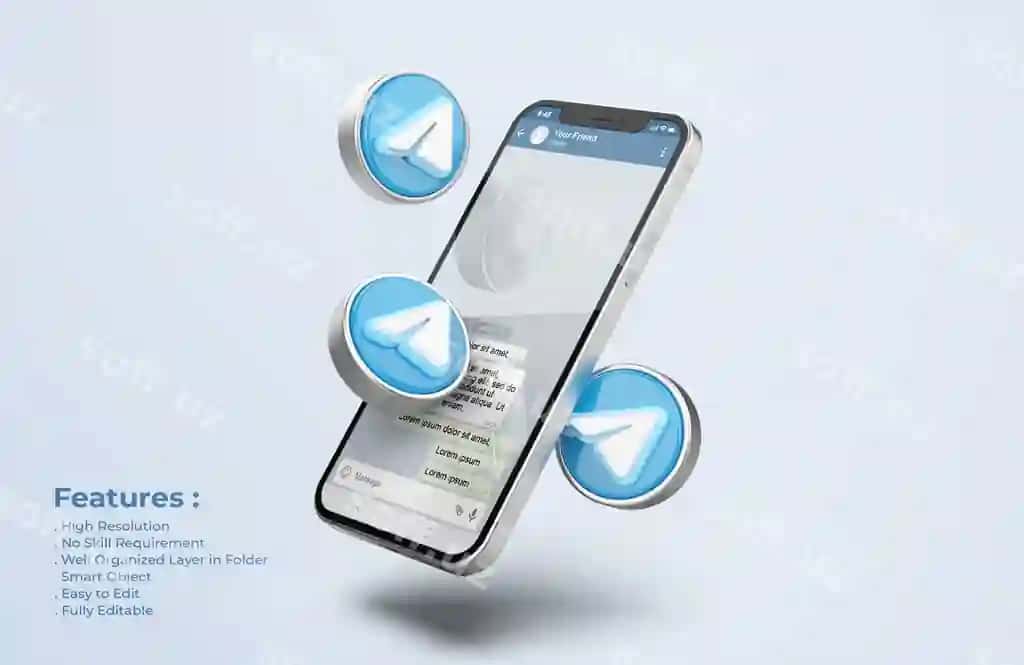Telegram kumtor mobil telefon mockup | Telegram silver mobile phone mockup