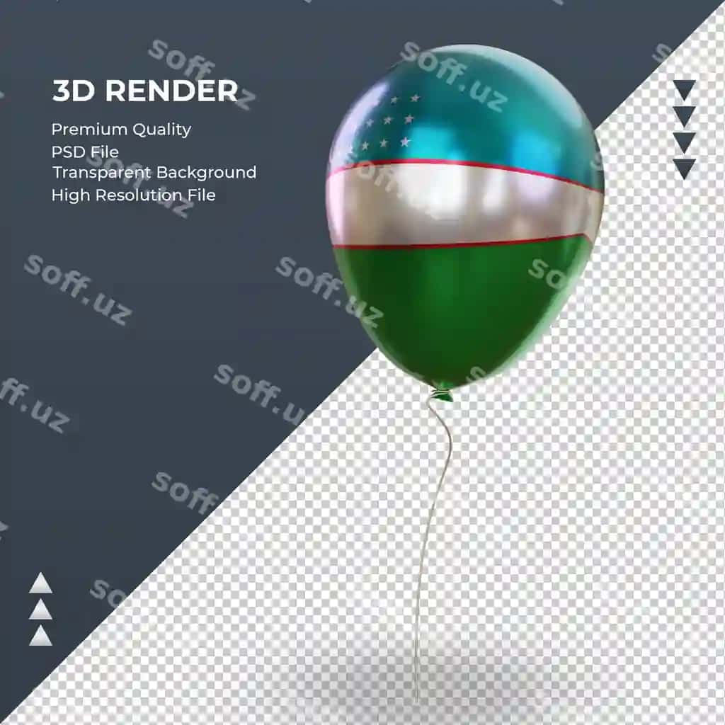 3d sharqiy ko'rinishdagi realistik foil renderlangan Uzbekiston bayrog'i balonini | 3d balloon uzbekistan flag realistic foil rendering right view 2