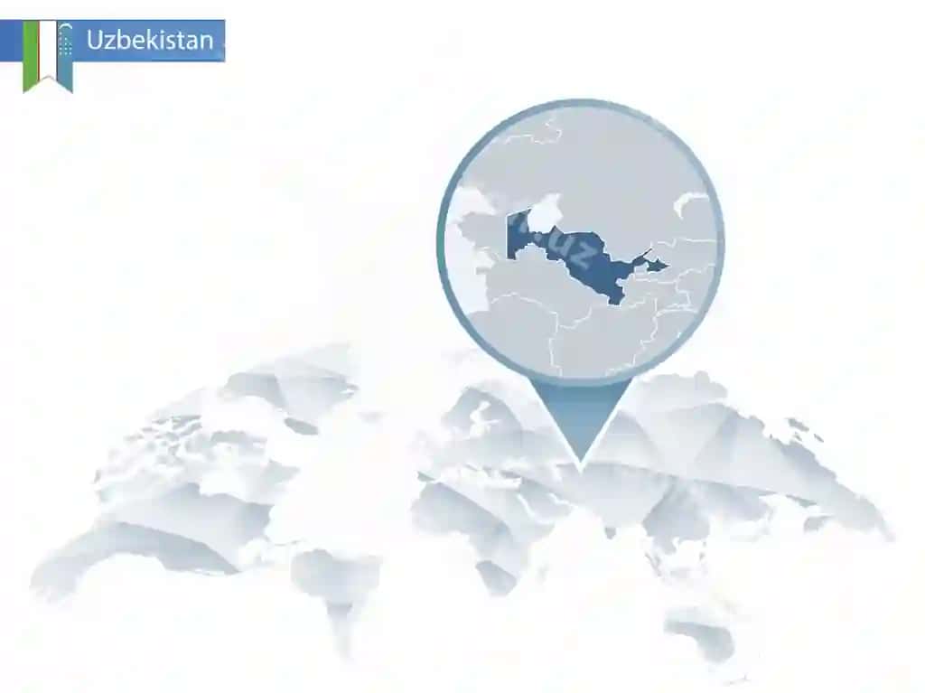 Abstrakt aylanma dunyo xaritasi qo'yilgan bo'limli O'zbekiston xaritasi vektor | Abstract rounded world map with pinned detailed uzbekistan map vector