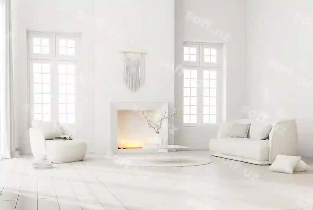 Zamonaviy uslubdagi oq mehmonxona soddalashtirilgan pech va oq mato mebellar bilan jihozlangan 3D render | Modern style white living room furnished with minimal fireplace white fabric furniture 3d render