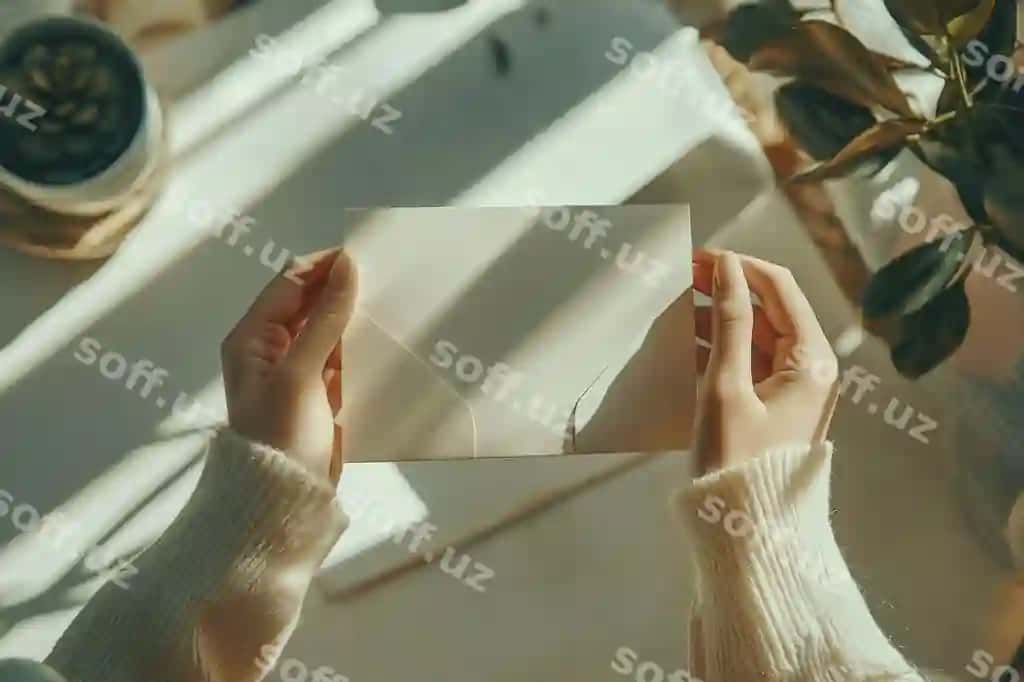 Yuqori rasm ochiq ayollar qo'llari namuna tabrik kartasi | Overhead shot female hands open mockup greeting card