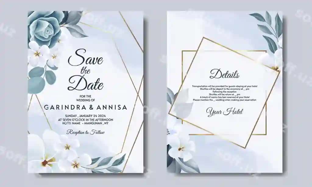 Romantik turm taklif kartasi shablon komplekti ko'k gul varqlari bilan | Romantic wedding invitation card template set with blue floral leaves