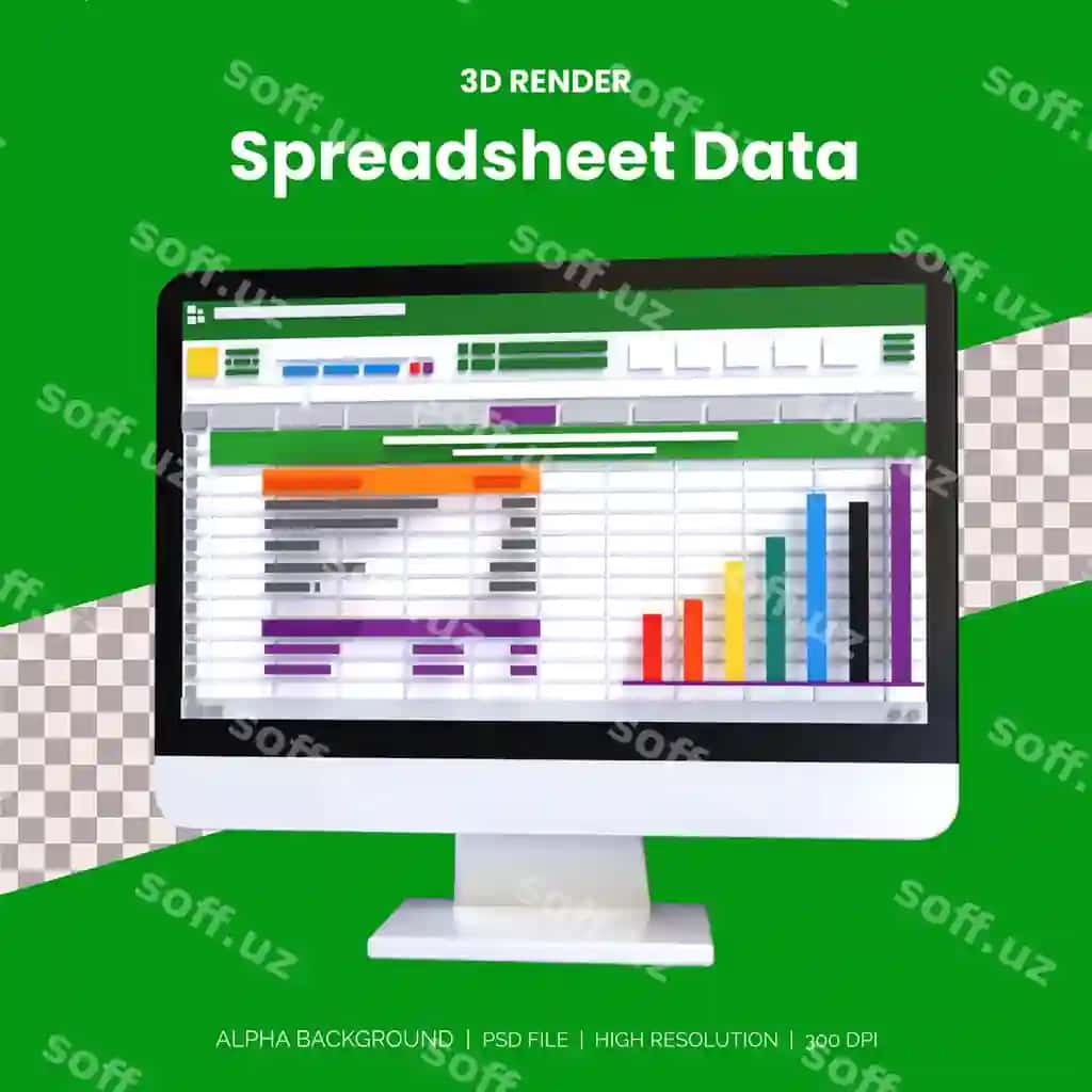Hisob-kitob hisoboti uchun jadvallik kompyuter ekrani 3d renderi | Spreadsheet computer screen 3d render financial accounting report