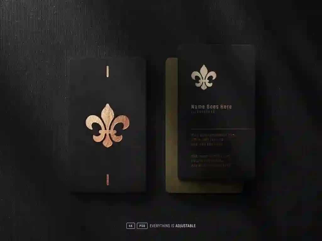 Qora rangli harflar bilan bosilgan oltin folga logotipi maketli vizitkalar | Letterpressed gold foil logo mockup black business cards