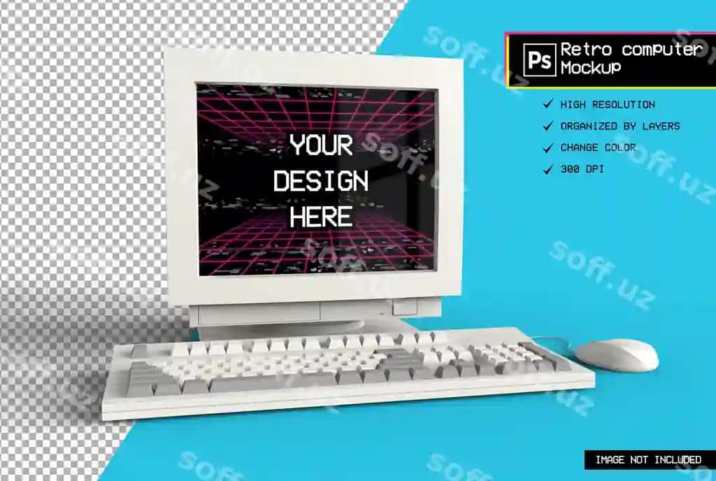 3D realistik ajraltirilgan retro kompyuter render mockup | 3d realistic isolated retro computer render mockup 2