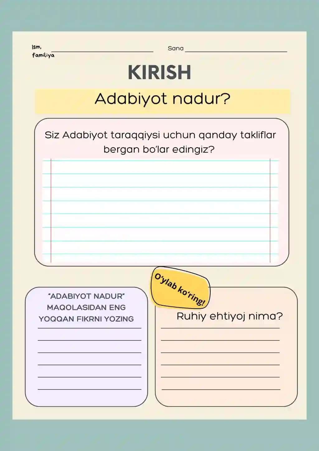9-sinf Adabiyot darsligi uchun tarqatma material
