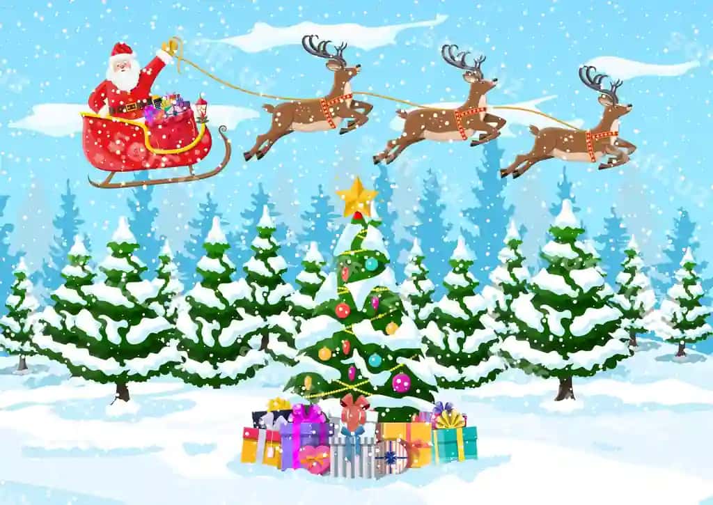 Yangi yil palmasi Santa Claus Barguzor sleyt bilan qish manzarasi | Christmas tree santa claus with reindeer sleigh winter landscape
