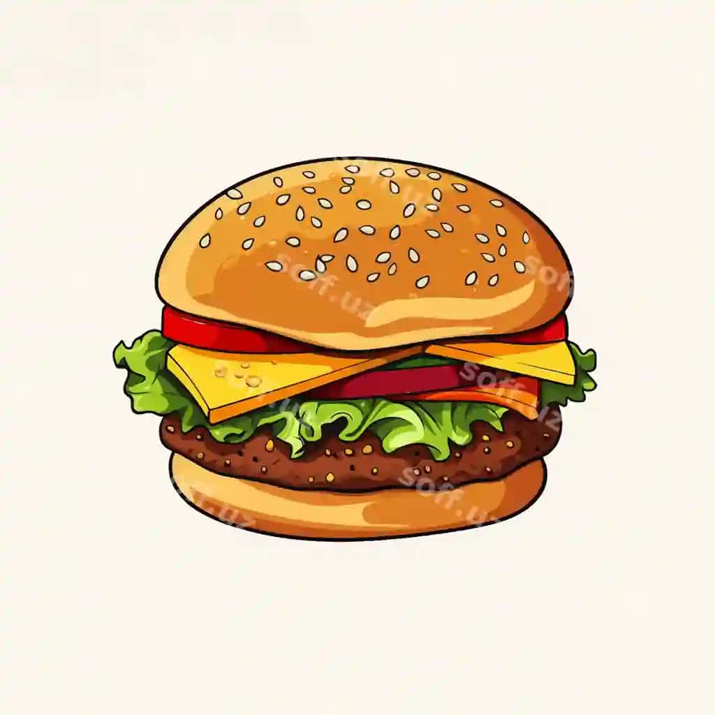 Klassik hamburger illustratsiyasi oddiy flats rangli vektor | Classic hamburger illustration simple flat color vector