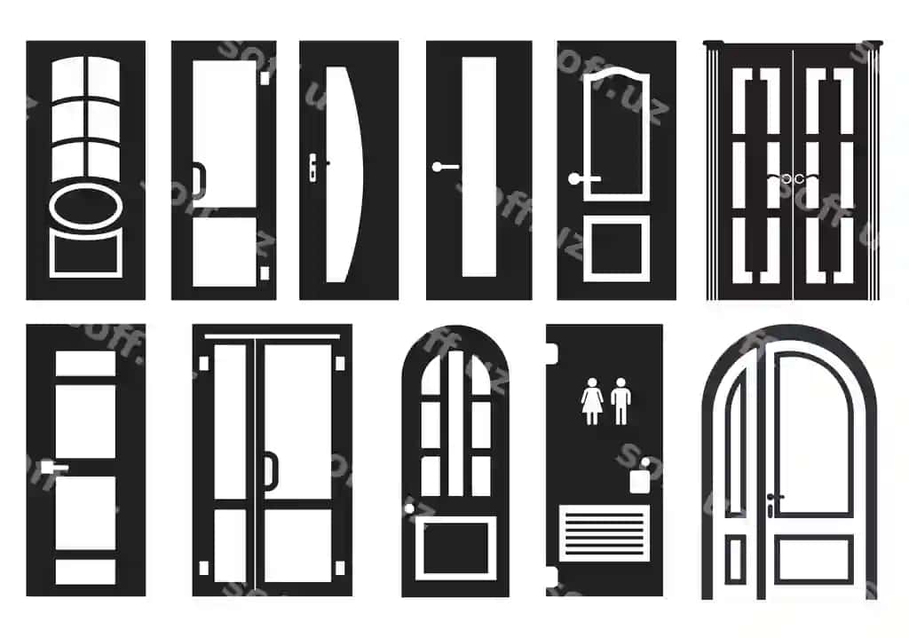 Eshalar ajralangan vektorlarni siluet sifatida oʻrnatgan. | Doors set isolated vectors silhouettes