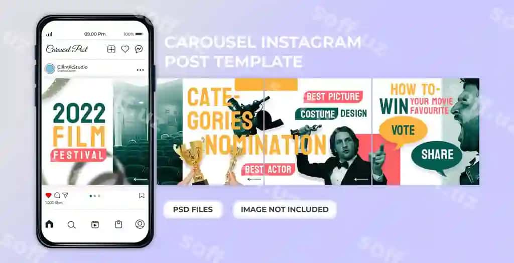 Film festivali ijtimoiy media karusel post shabloni premium PSD | Film festival social media carousel post template premium psd 2