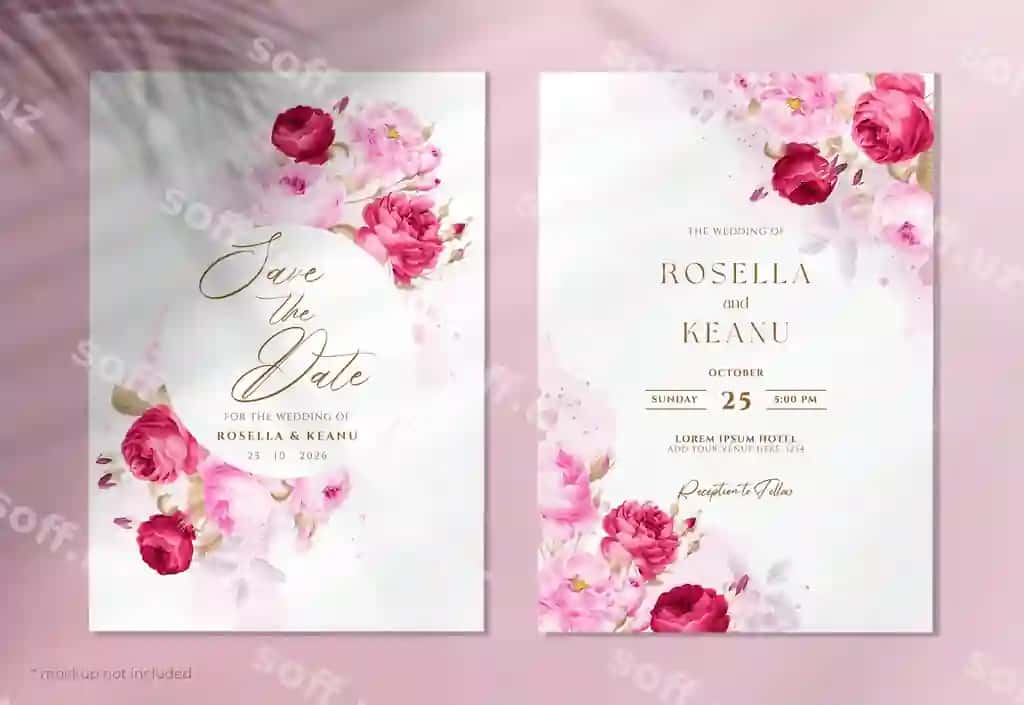 Suvarli nikoh taklifi qizil va binafsha gullar yaproqlar dekoratsiyasi bilan | Watercolor wedding invitation with red pink flowers leaves decoration
