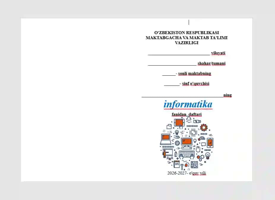Informatika fani daftari uchun yuz