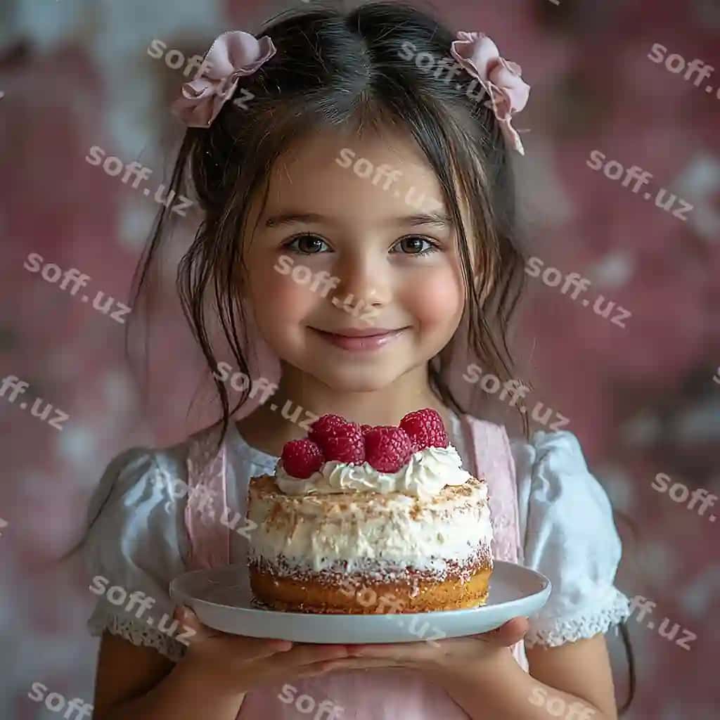 Go'zal gulchi Qozog' 6 yoshlik qiz qora qullingi futbolka va pudra rangli pletka kiygan, bant tutmoqda. | Beautiful smiling kazakh 6 years girl beautiful black hairsin tshirt pink apron holding beau 2