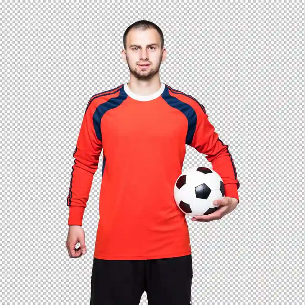 Qo'lida to'p kiygan yosh futbolchi, old tomondan oq rangli qizil mayka kiygan | Young soccer player with ball hand dressed red jersey front white