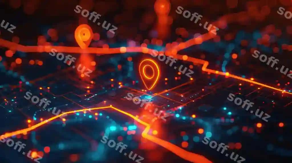 Kelajakchi raqamli xarita interfeysi yorqin joy belgilari bilan | Futuristic digital map interface with glowing location markers