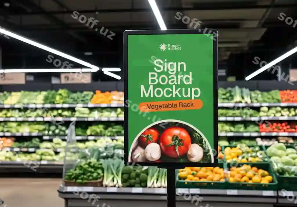 Supermarket belgi doskasi namuna sabzi raftasi namoyishi produtlar do'koni | Supermarket sign board mockup vegetable rack display grocery store 2