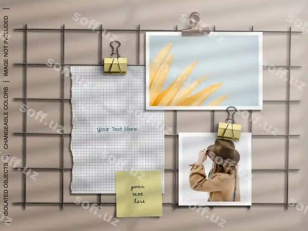 Devor moodboard qog'oz mahsulotlari namunasi yirtilgan qog'oz fotosurat kartochkalar kollej | Wall moodboard stationery mockup with torn paper photo card collage 2
