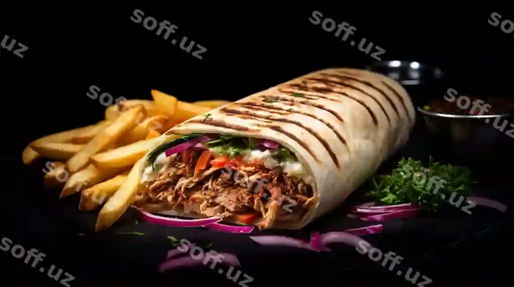 Menga tortuvchi shawarma frenc fries qorong'iq orqa fonda yumshoq yorqin | Appetizing shawarma french fries dark background soft light