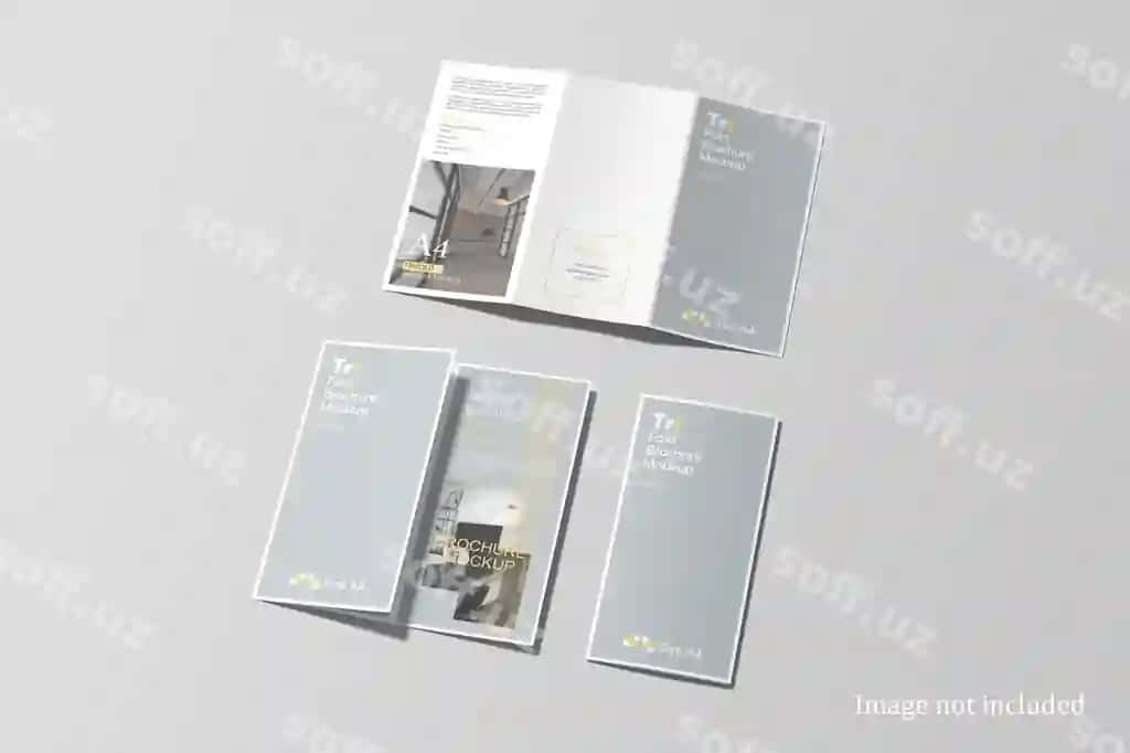 Yuqori burchak ko'rinishdagi uch qismga qilingan broshyur namuna komplekti | High angle view trifold brochure mockup set