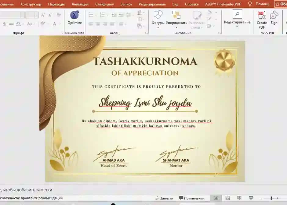 TASHAKKURNOMA shablon tayyori andoza