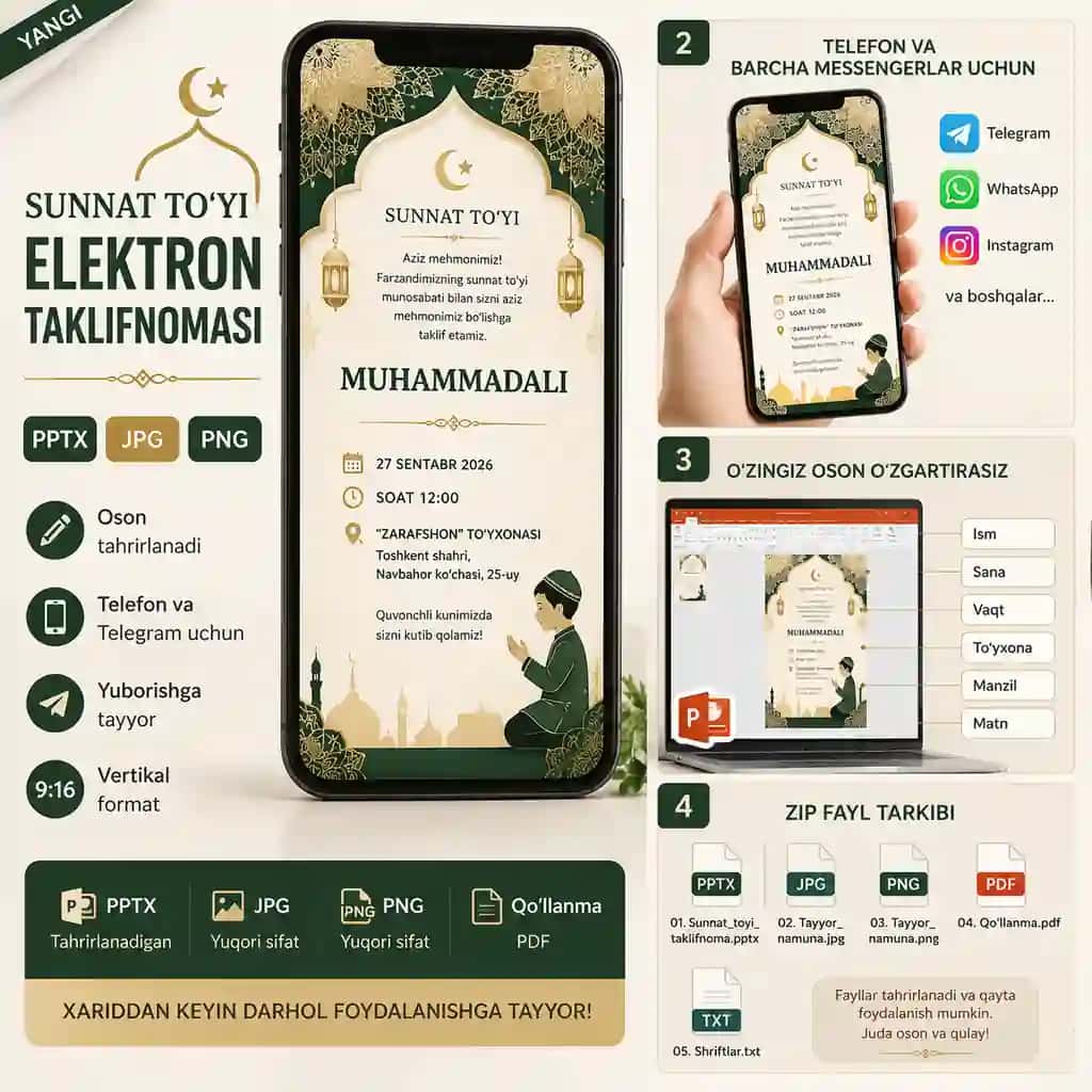 Sunnat to‘yi uchun elektron taklifnoma | PPTX + JPG + PNG | Tahrirlanadi