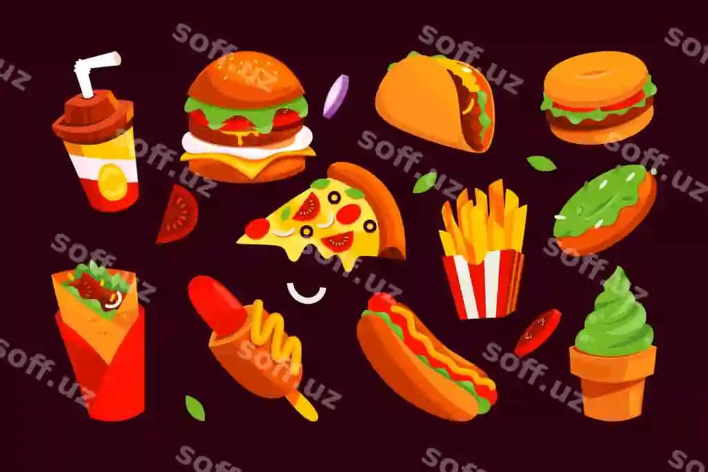Fastfood restoran karyakatur ikonkalar komplekti | Fastfood restaurant cartoon icons set 2