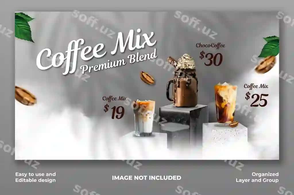 Kofe buyurtma menyu reklamasi ijtimoiy tarmoqlar uchun veb baner shabloni | Coffee shop drink menu promotion social media web banner template 2