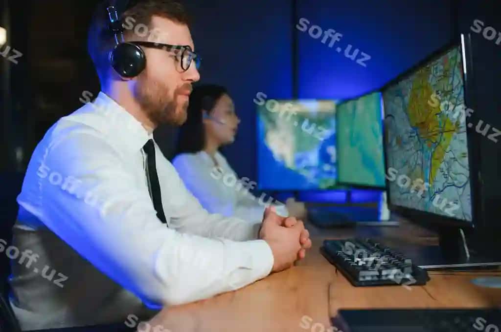 Foto muvaffaqiyatli dispetçer ofisda kompyuterni ishlatgan | Photo successful dispatcher working computer office