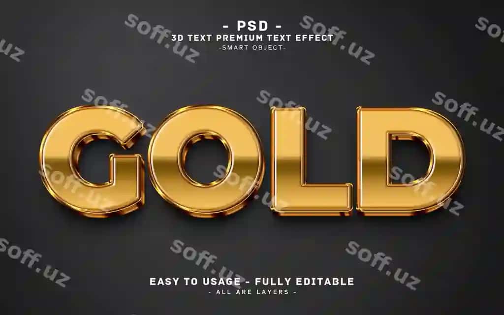 Oltin 3d tahrir qilish mumkin Photoshop matn effekti uslubi | Gold 3d editable photoshop text effect style 2