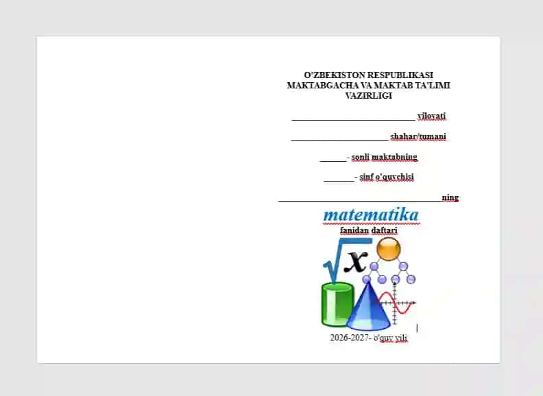 Matematika daftari muqovasi uchun yuz