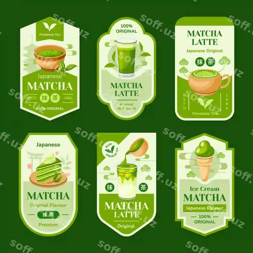 Matcha choyi yorliqlari tekis dizaynda | Matcha tea labels flat design 2