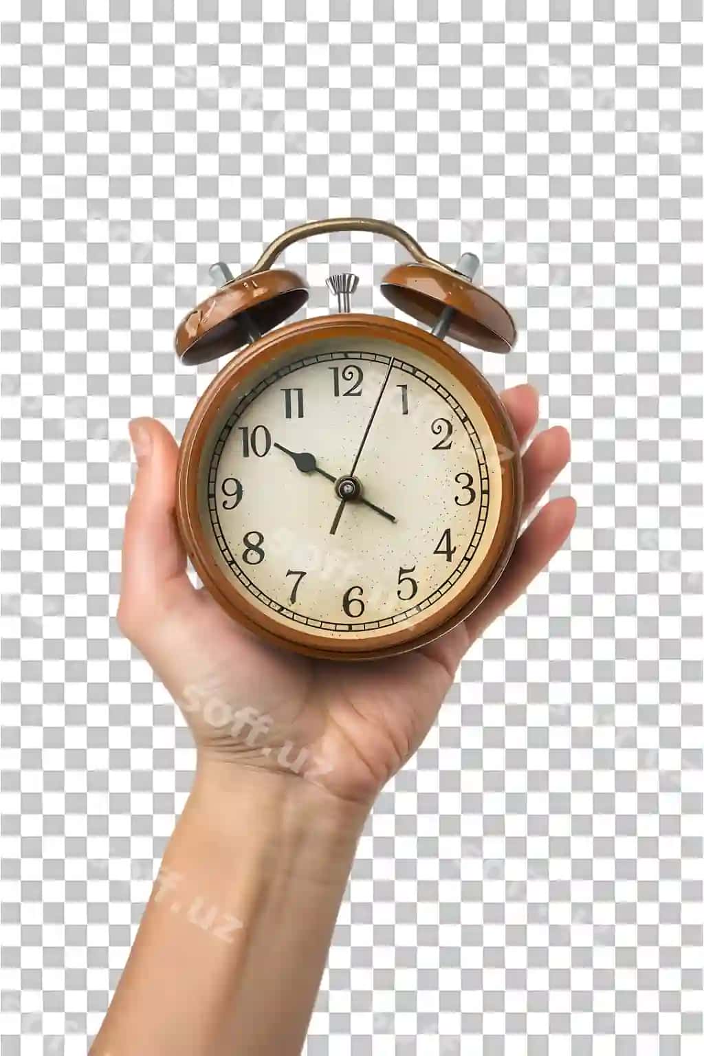 Qo'l soat tutgan ajraltirilgan shaffof fonda | Hand holding alarm clock isolated against transparent background