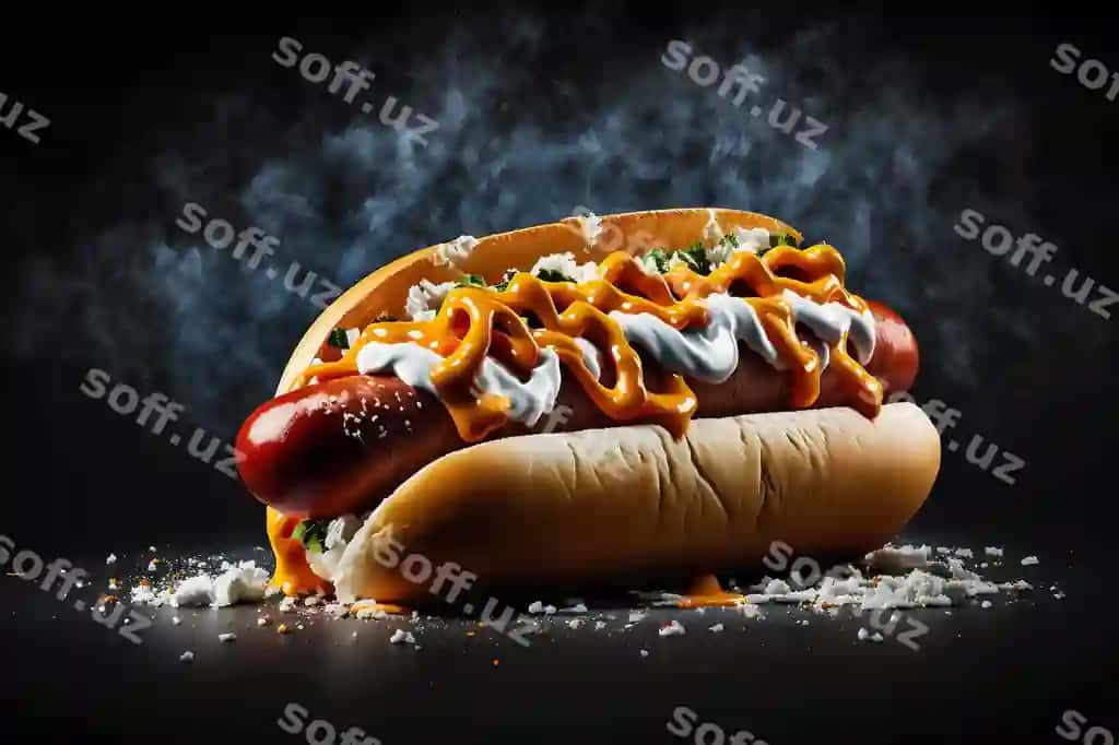Shirin hot dog ajraltirilgan qora fonda AI yaratilgan fast food street food | Delicious hot dog isolated black background ai generated fast food street food