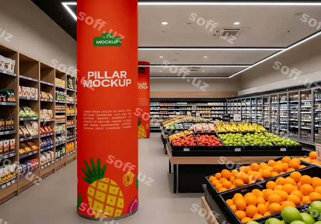 Supermarket yo'li yangi mevalar bilan brendlangan ustun namunasi | Supermarket aisle with fresh produce branded pillar mockup