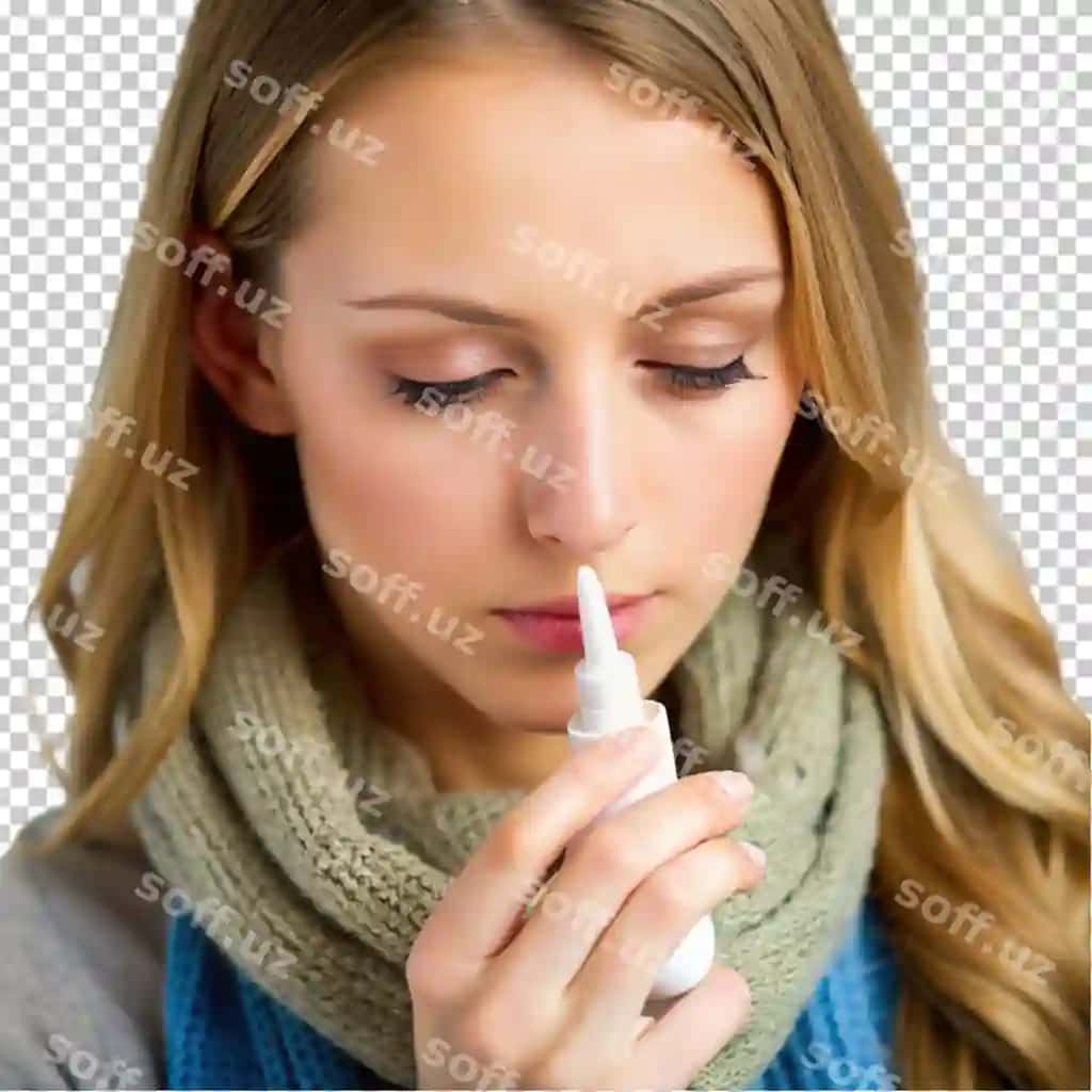 Go'zal ayol burun sovuq allergiyasini parvarish qiladi, odatdagi sovuq allergiyasini davolaydi. | Cute woman nursing nasal cold allergy treating common cold allergic
